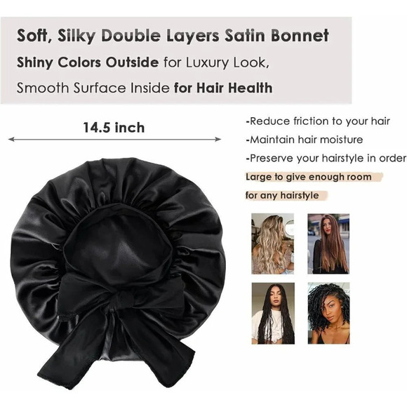Yanibest Satin Bonnet Silk For Sleeping  Hair Bonnet With Tie Band Head- Black - Picture 3 of 6